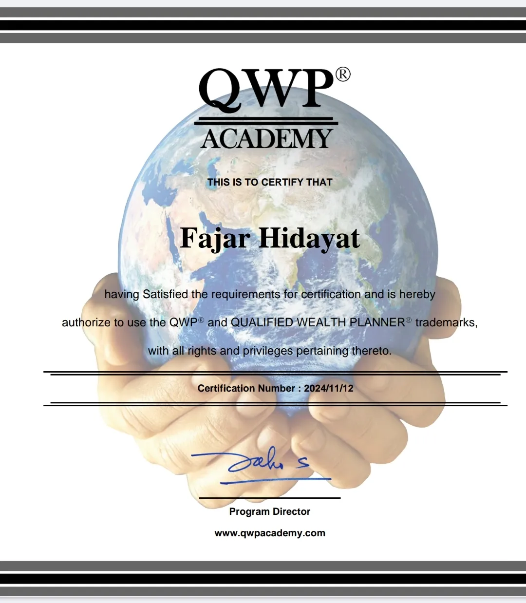 Sertifikat QWP Academy atas nama Fajar Hidayat, nomor sertifikasi 2024/11/12