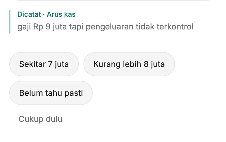 Balasan chat dengan penanda Dicatat dan tiga pilihan jawaban di bawahnya.