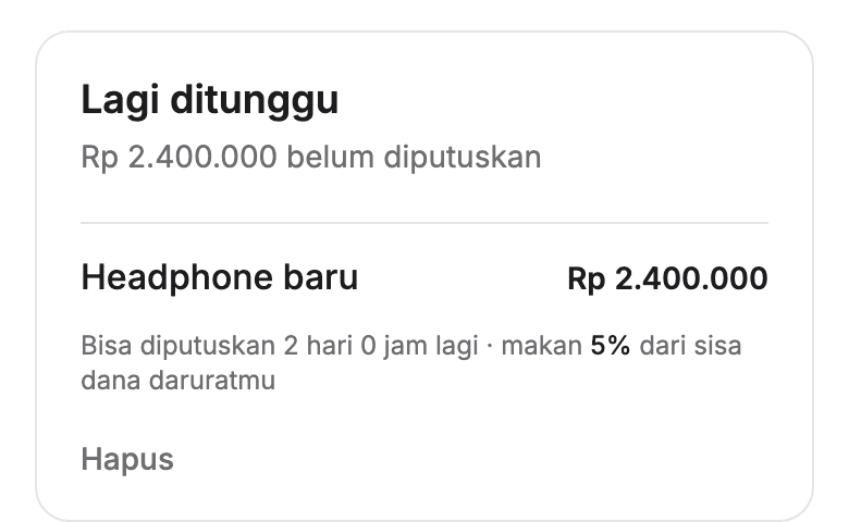 Kartu Lagi ditunggu menampilkan Headphone baru Rp 2.400.000 dan sisa waktu tunggu.